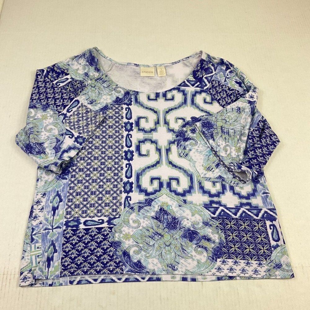Chicos Womens Scoop Neck T-Shirt Mixed Colorful Print Stretch Tee Size 1 Medium